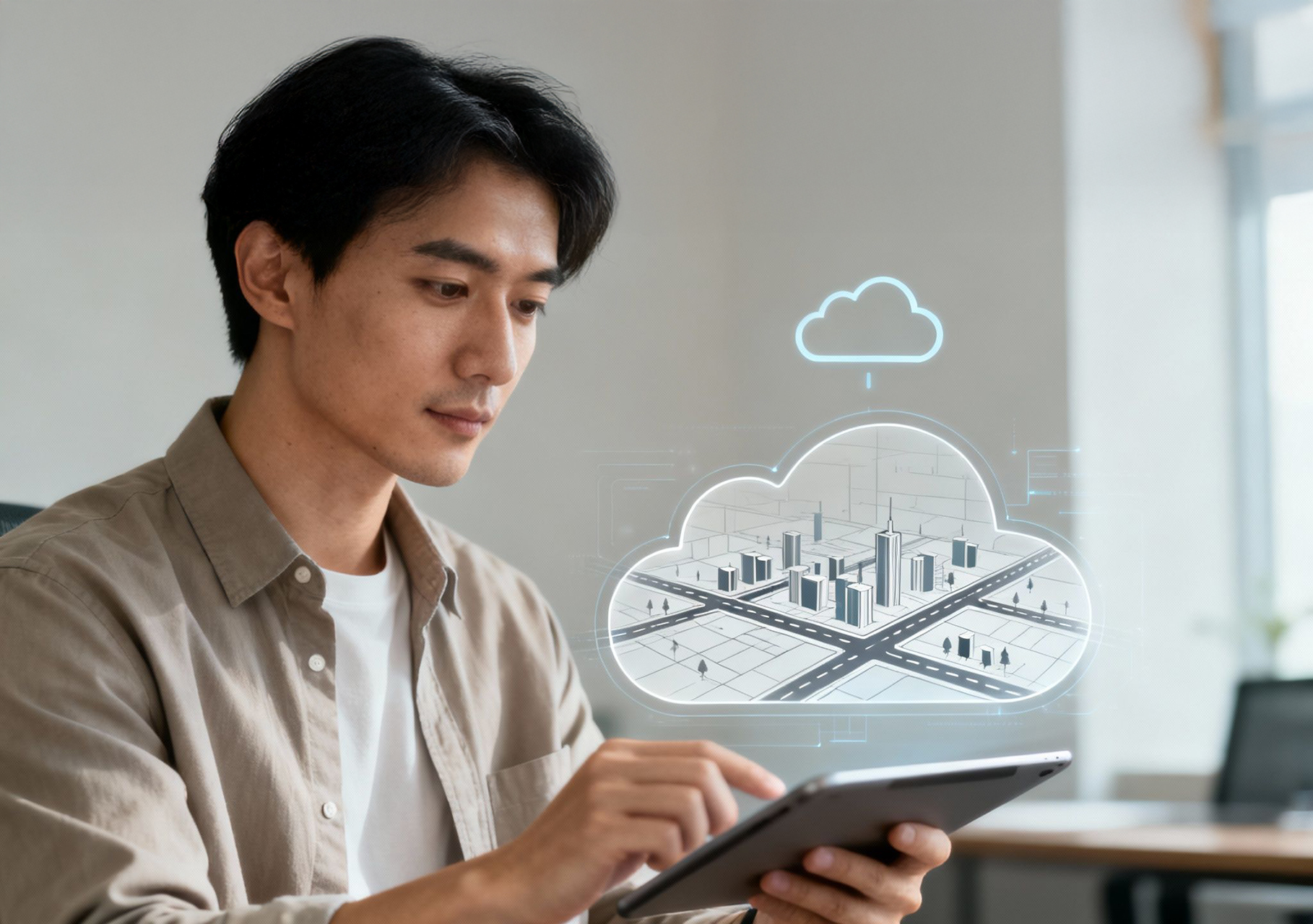 A team of professionals collaborating on a cloud strategy using a digital interface.