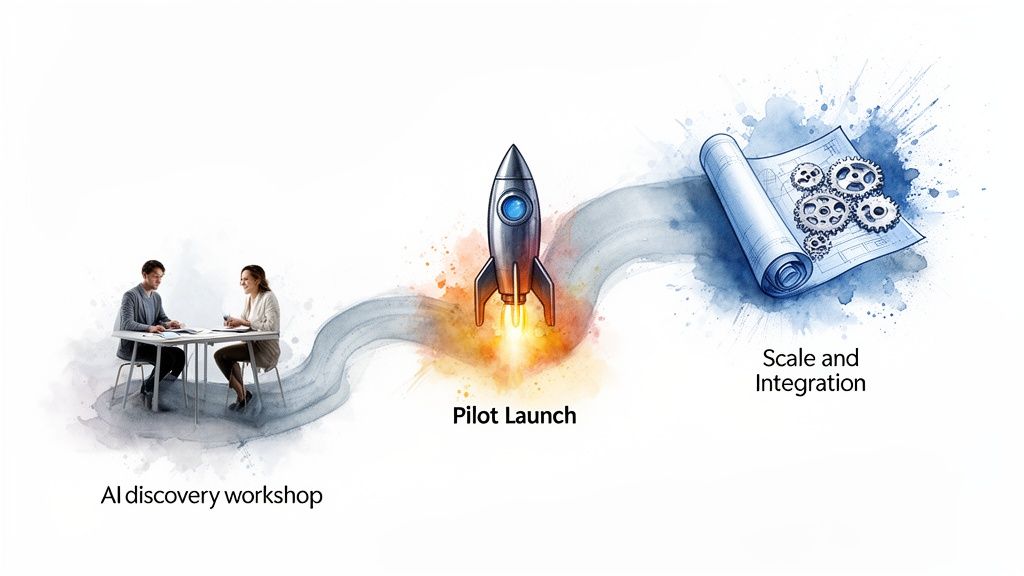 A visual metaphor of AI development stages: discovery workshop, pilot launch rocket, and scaling integration blueprint.