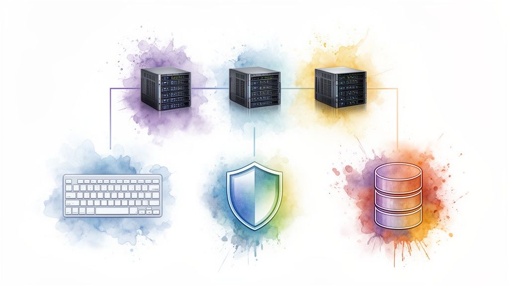 A colorful diagram illustrating server racks, a keyboard, a security shield, and a database connected in a system.