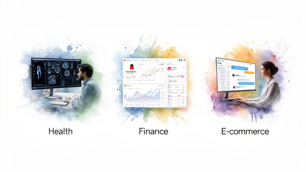 Visualizing AI system integration across health, finance, and e-commerce with diverse users.