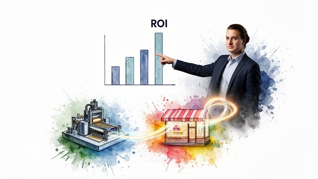Man points to a rising ROI chart, connecting factory production to a store with AI integration.