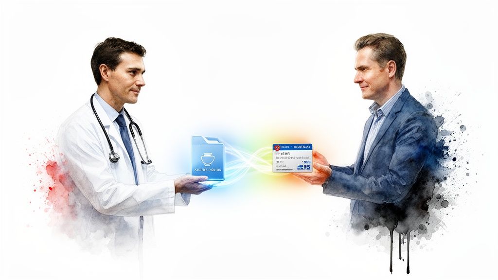 A doctor and a man exchanging digital health data, representing secure electronic health records.