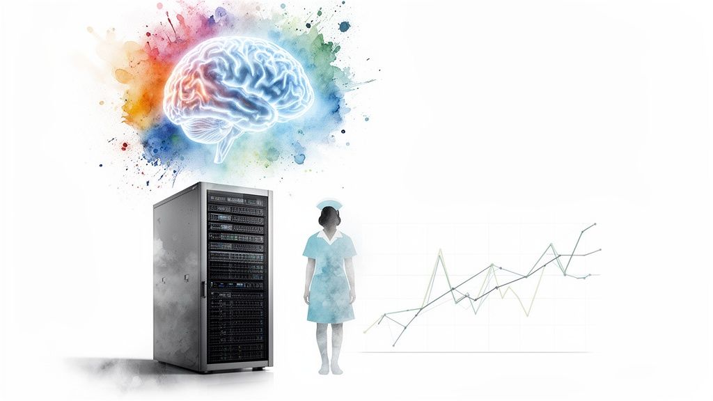 A glowing brain with colorful splashes above a server, a nurse, and a line graph, representing healthtech and AI.