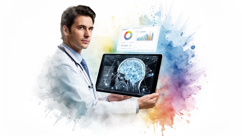 A doctor holding a tablet with a digital brain scan and medical data, surrounded by watercolor art.