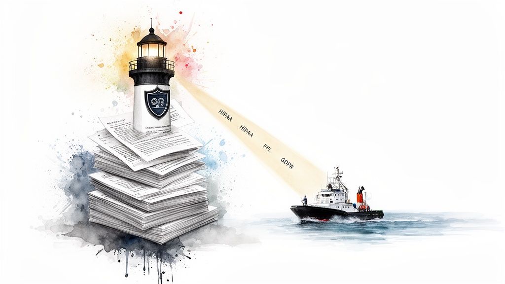A lighthouse on a stack of papers shines a light beam with HIPAA and GDPR regulations towards a ship.