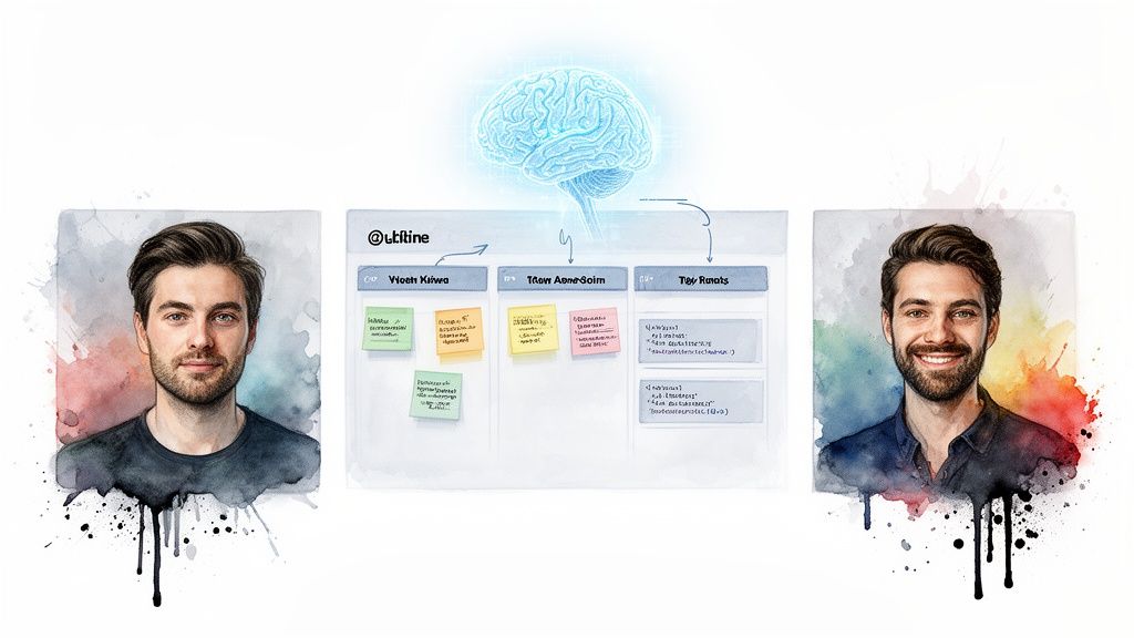 Two men flank a whiteboard with sticky notes and text, connected to a glowing brain, symbolizing ideas and collaboration.