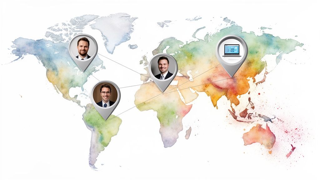 Watercolor world map with location pins showing professionals and a laptop, symbolizing global collaboration.