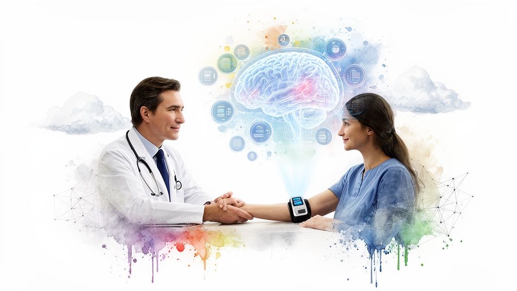 Doctor and patient discuss health data, with a brain image and digital icons demonstrating medical technology.
