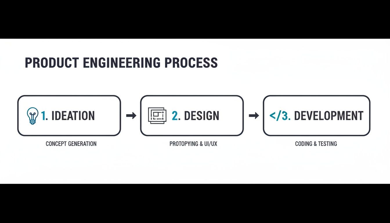 Flowchart illustrating the three stages of product engineering: ideation, design, and development.