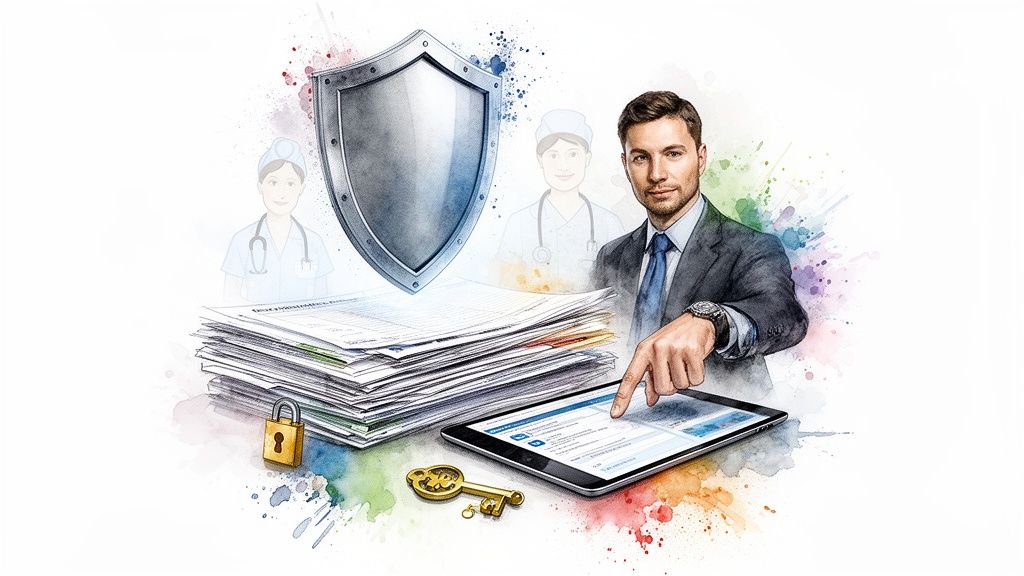 Businessman secures healthcare data on a tablet with shield, padlock, and key, supported by medical staff.