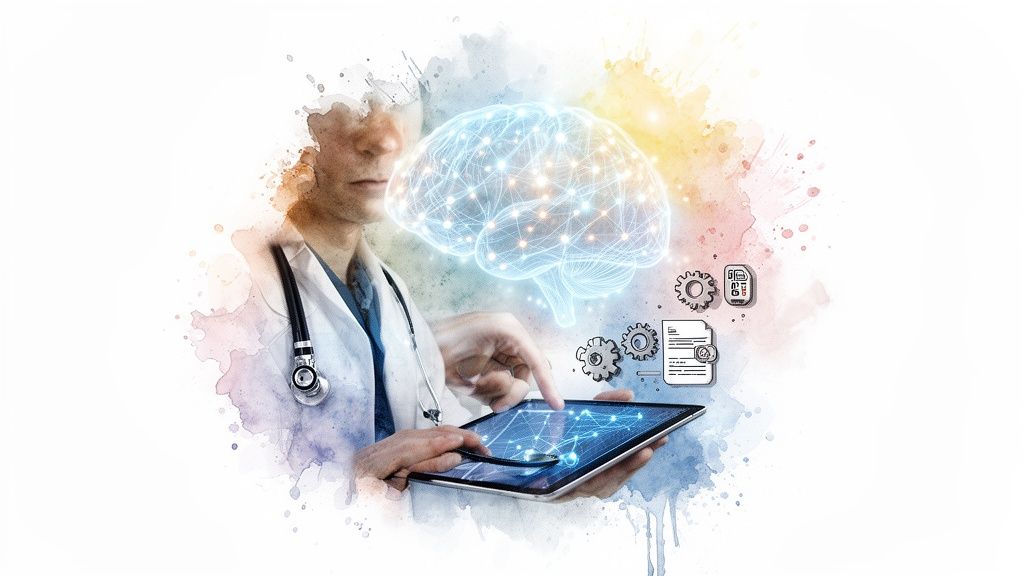 Doctor interacts with a tablet displaying a glowing brain network and data icons, symbolizing medical AI.
