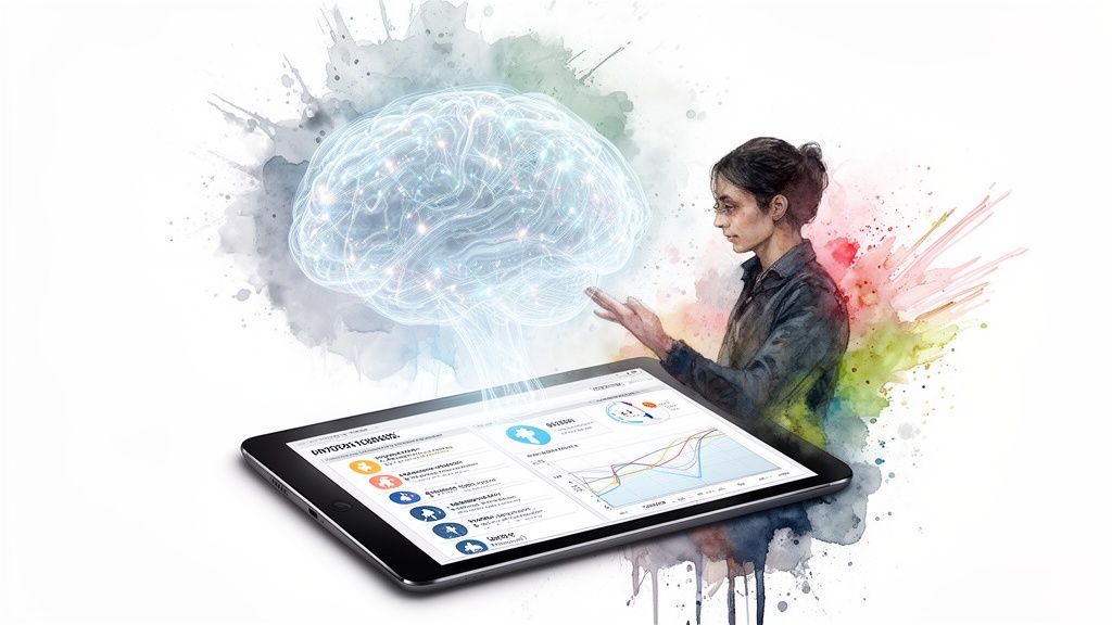 A woman interacts with a glowing holographic brain emerging from a tablet displaying health data.