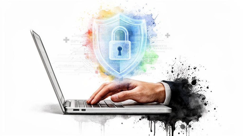 Hand typing on laptop keyboard with a glowing shield and padlock for digital security.