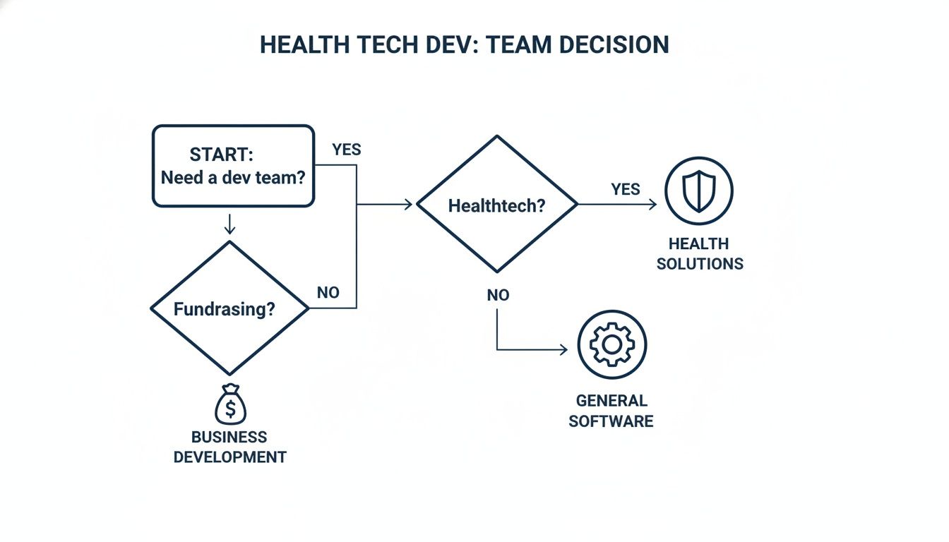 Flowchart illustrating team decision-making for health tech development, covering dev team, fundraising, and software type.