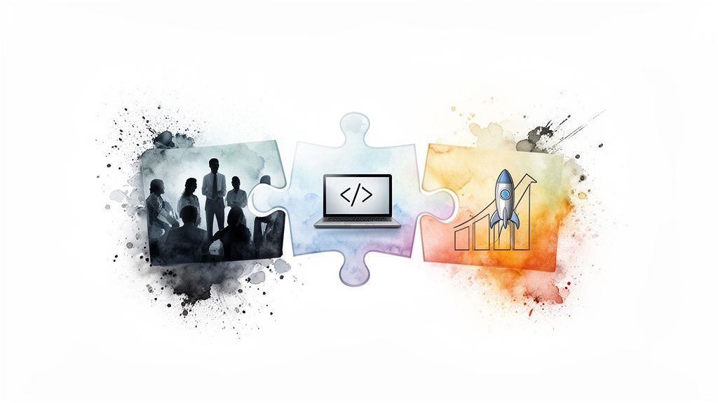 Three watercolor puzzle pieces illustrating teamwork, software development, and business growth.