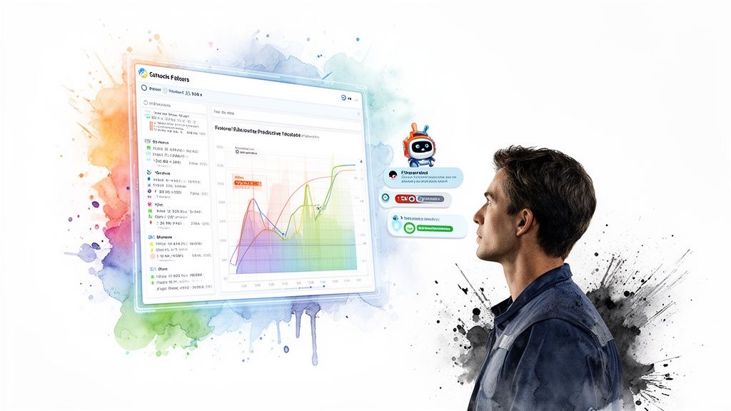 A professional observing a digital dashboard displaying data analysis and AI support.