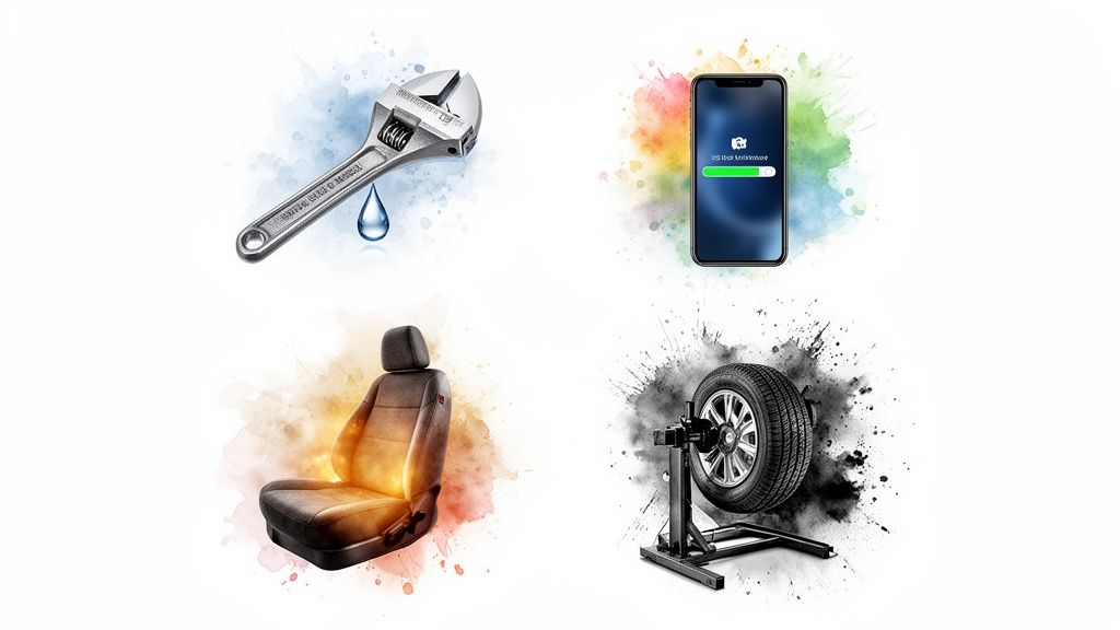 Four images: a wrench, smartphone, car seat, and tire, representing various maintenance and support services.