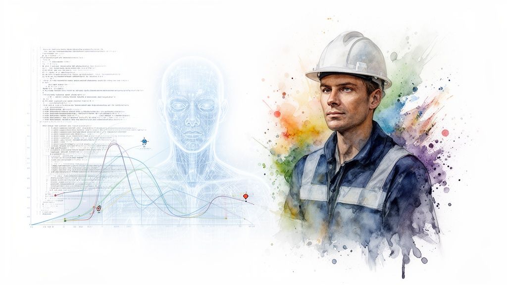Engineer in hard hat beside data graphs, code, and a wireframe human model.