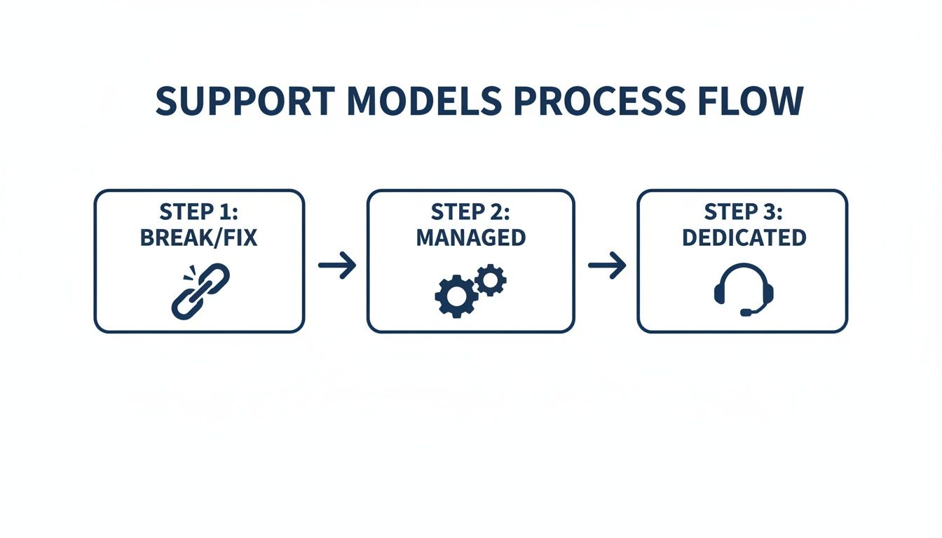 A process flow diagram illustrating three support models: Step 1 Break/Fix, Step 2 Managed, and Step 3 Dedicated.