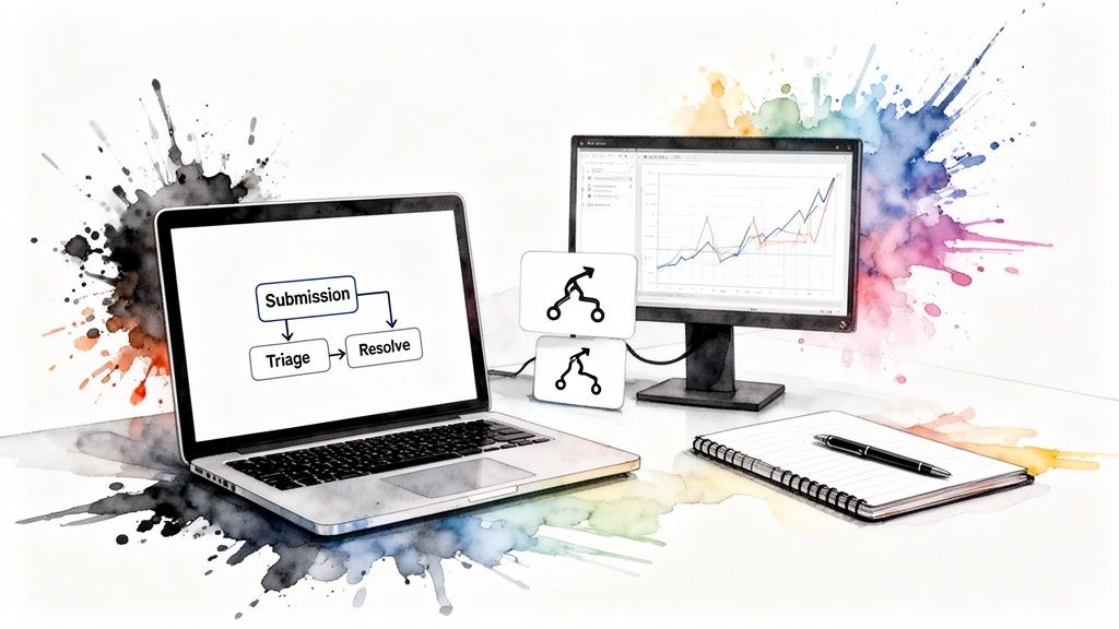 A desk with a laptop showing a workflow, a monitor with charts, and a notebook, surrounded by colorful watercolor splatters.
