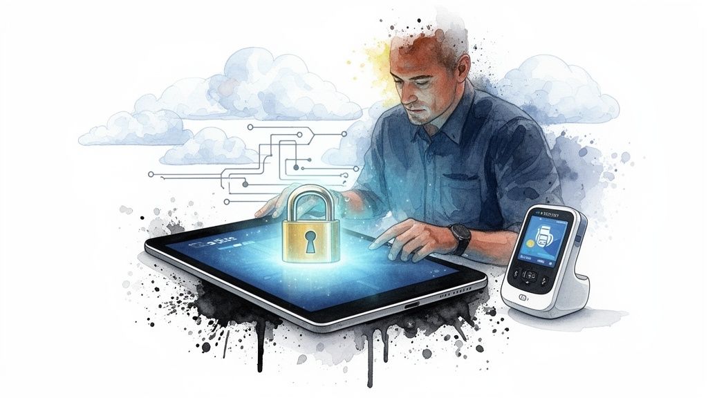 A man interacts with a tablet displaying a glowing padlock, symbolizing secure cloud data.