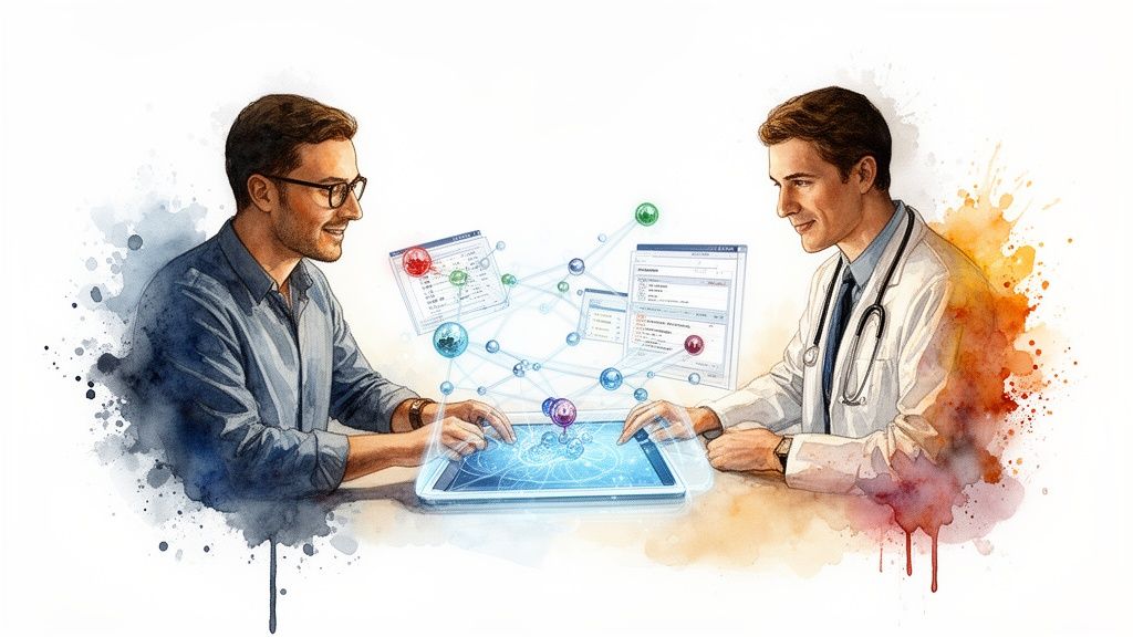 Two men, a doctor and a professional, collaborate on a futuristic medical data interface tablet.