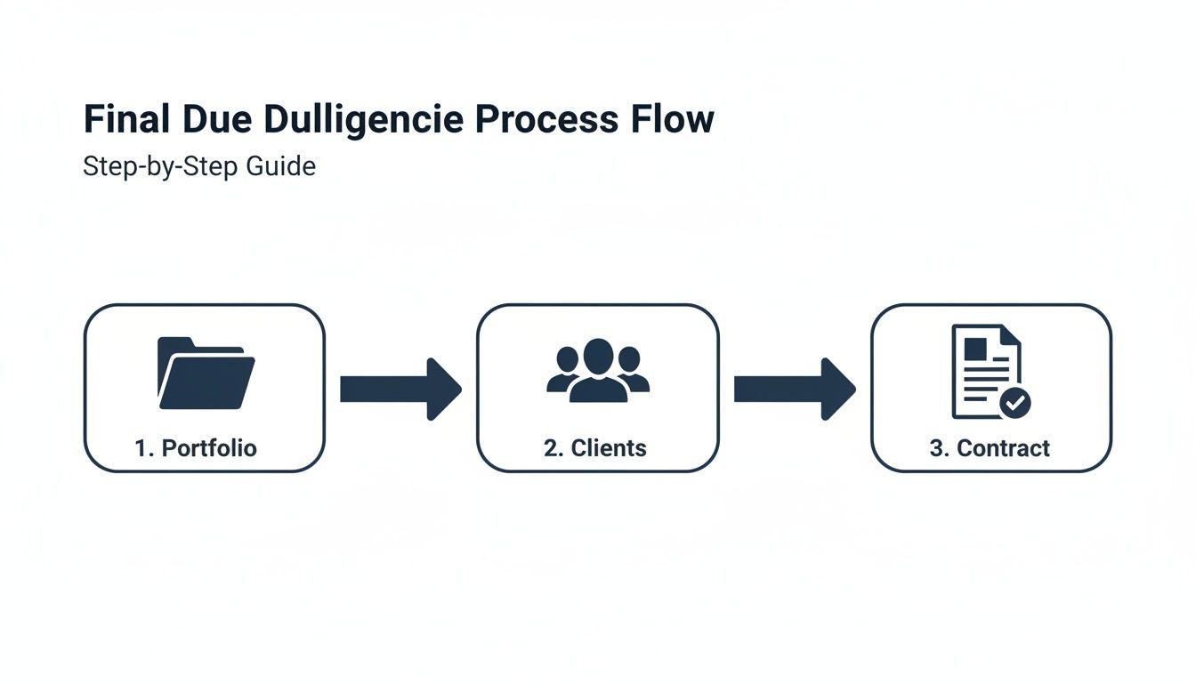 A step-by-step due diligence process flow shows icons for portfolio, clients, and contract stages.