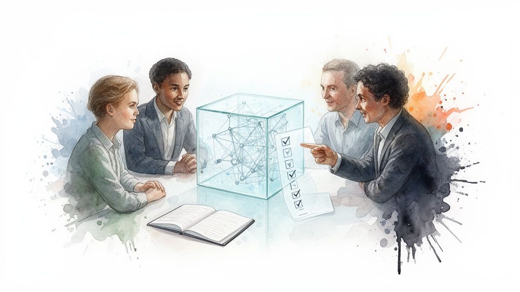 Four professionals discuss a transparent cube with a network structure, reviewing a checklist, in watercolor style.