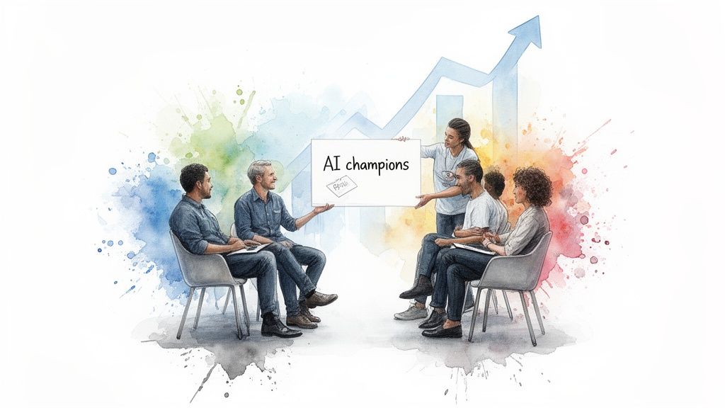 A diverse group collaborating on AI initiatives, holding a whiteboard labeled 'AI champions' with a growth chart.