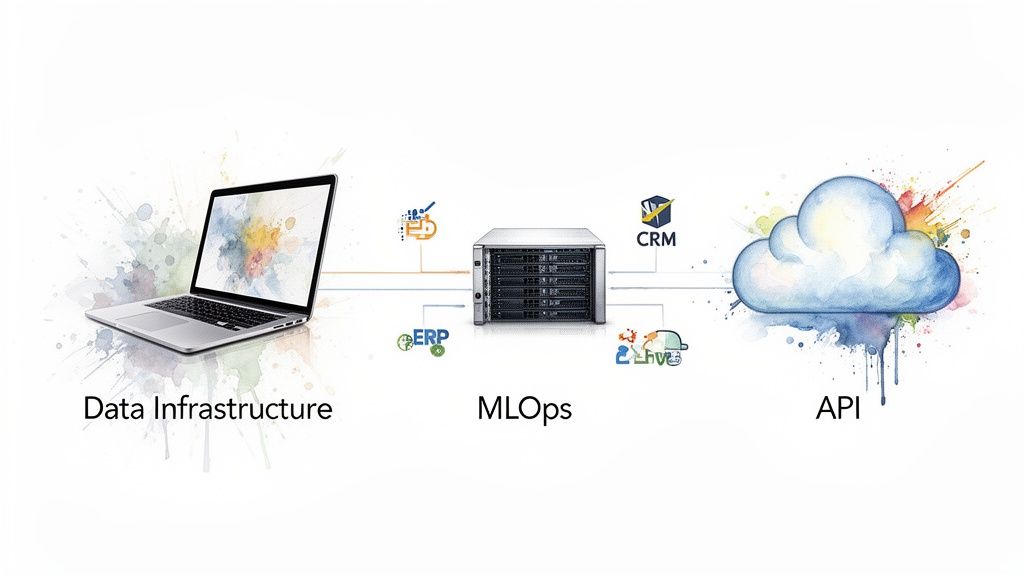 Diagram illustrating a data infrastructure (laptop) feeding into MLOps (server) with app integrations, connecting to an API cloud.