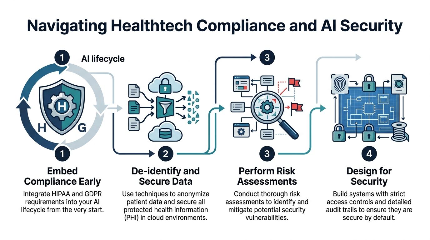 A diagram illustrating the four essential steps for navigating healthtech compliance and AI security effectively.