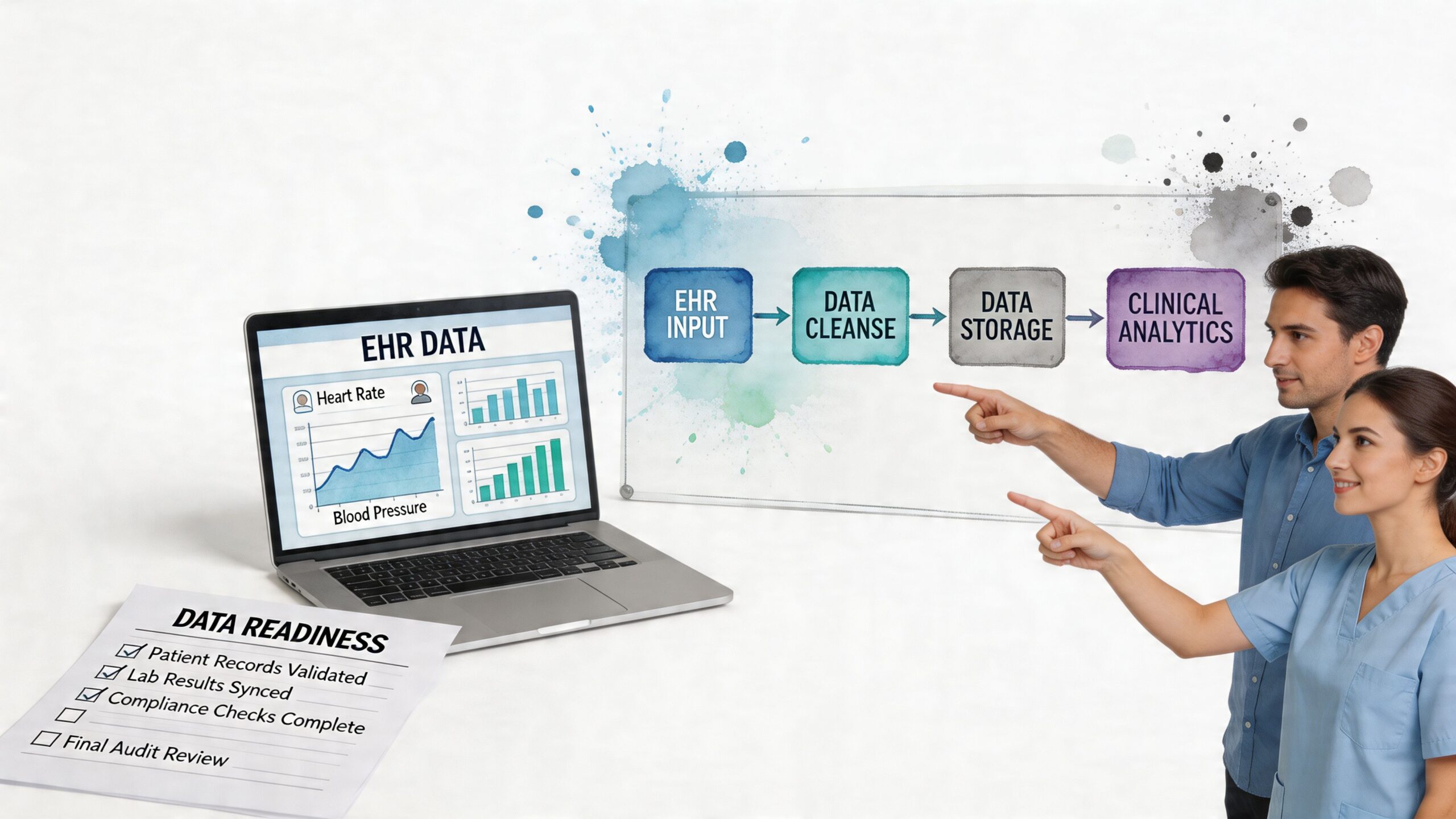 A professional man and woman pointing at a digital workflow diagram showing EHR data processing steps.