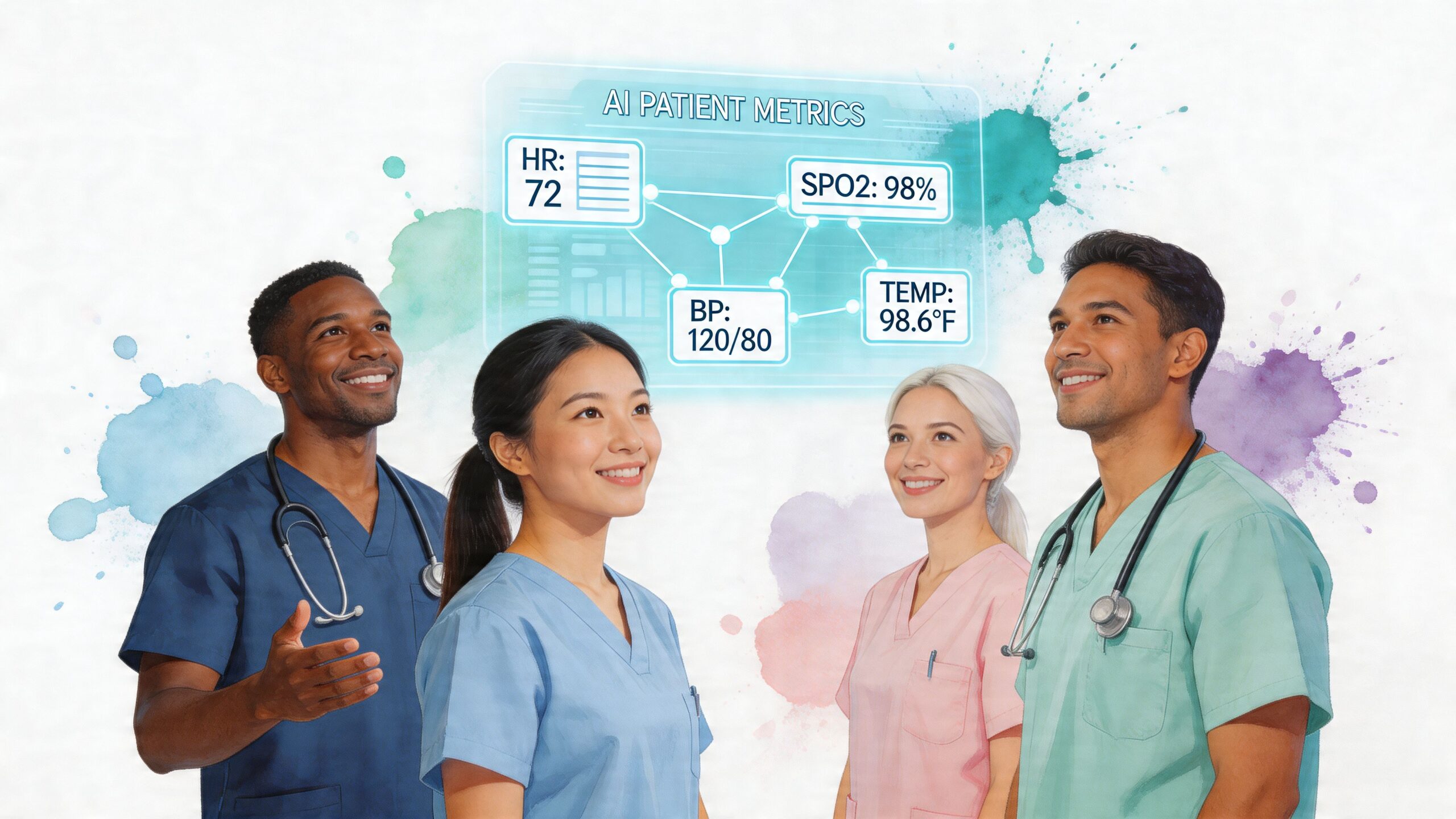A diverse group of healthcare professionals smiling at digital AI patient metrics displayed on a holographic screen.
