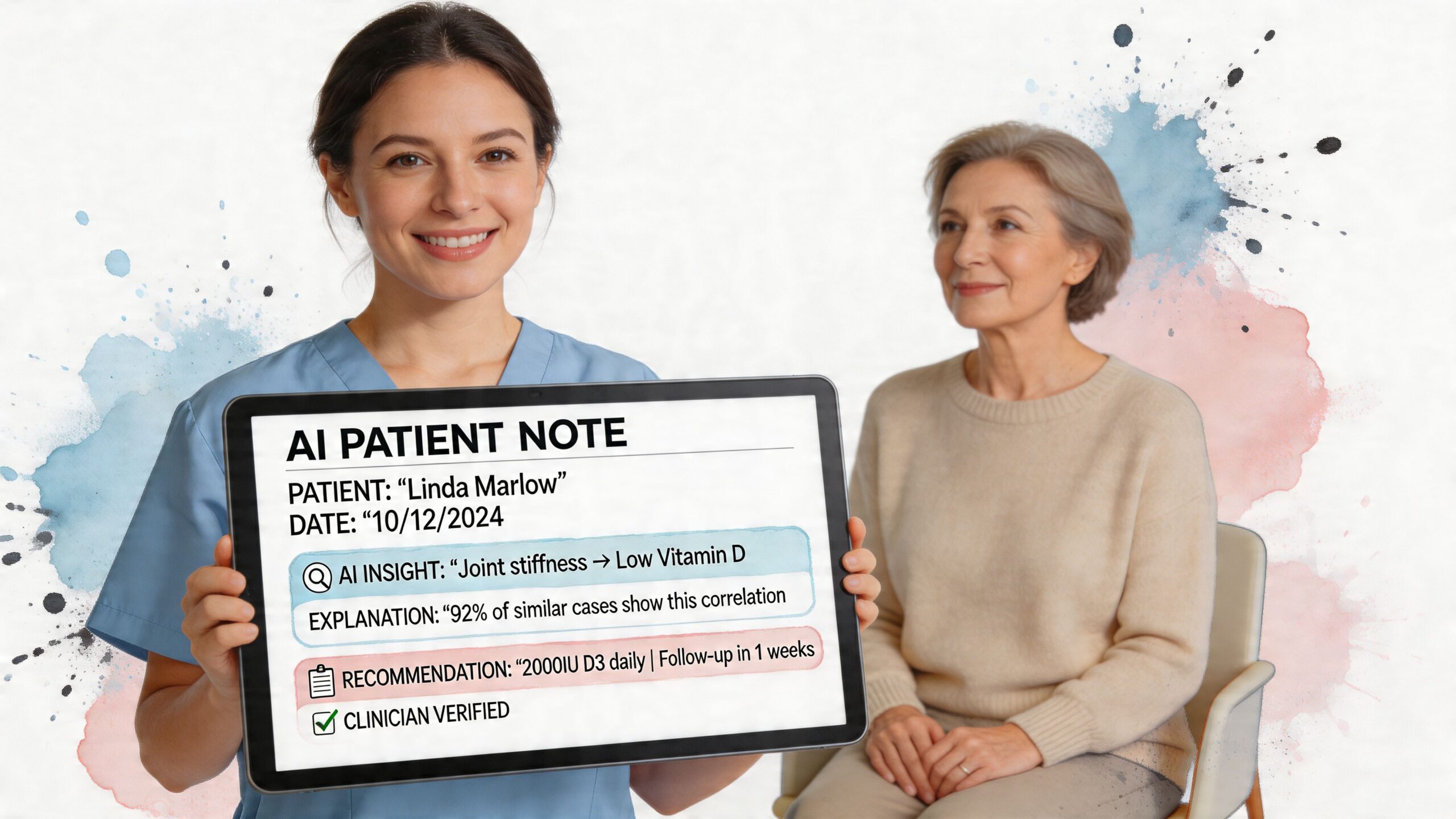 A healthcare provider holding a digital tablet displaying an AI patient note for Linda Marlow.