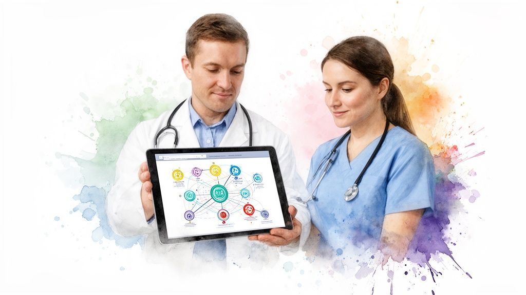 A doctor and a nurse review a complex digital diagram on a tablet, with watercolor background.