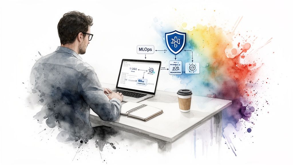 Watercolor illustration of a man working on a laptop, depicting an MLOps and monitoring workflow.