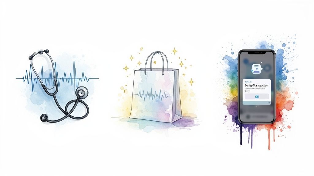 Artistic watercolor illustrations of a stethoscope, a shopping bag, and a smartphone displaying a benign transaction.