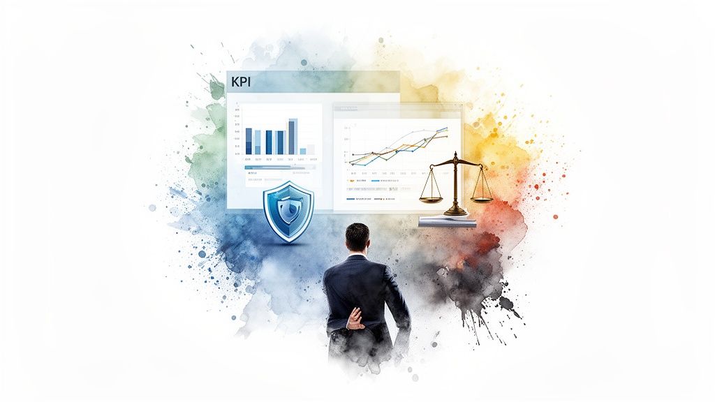 Businessman analyzing performance metrics, data security, and legal compliance on a vibrant watercolor background.