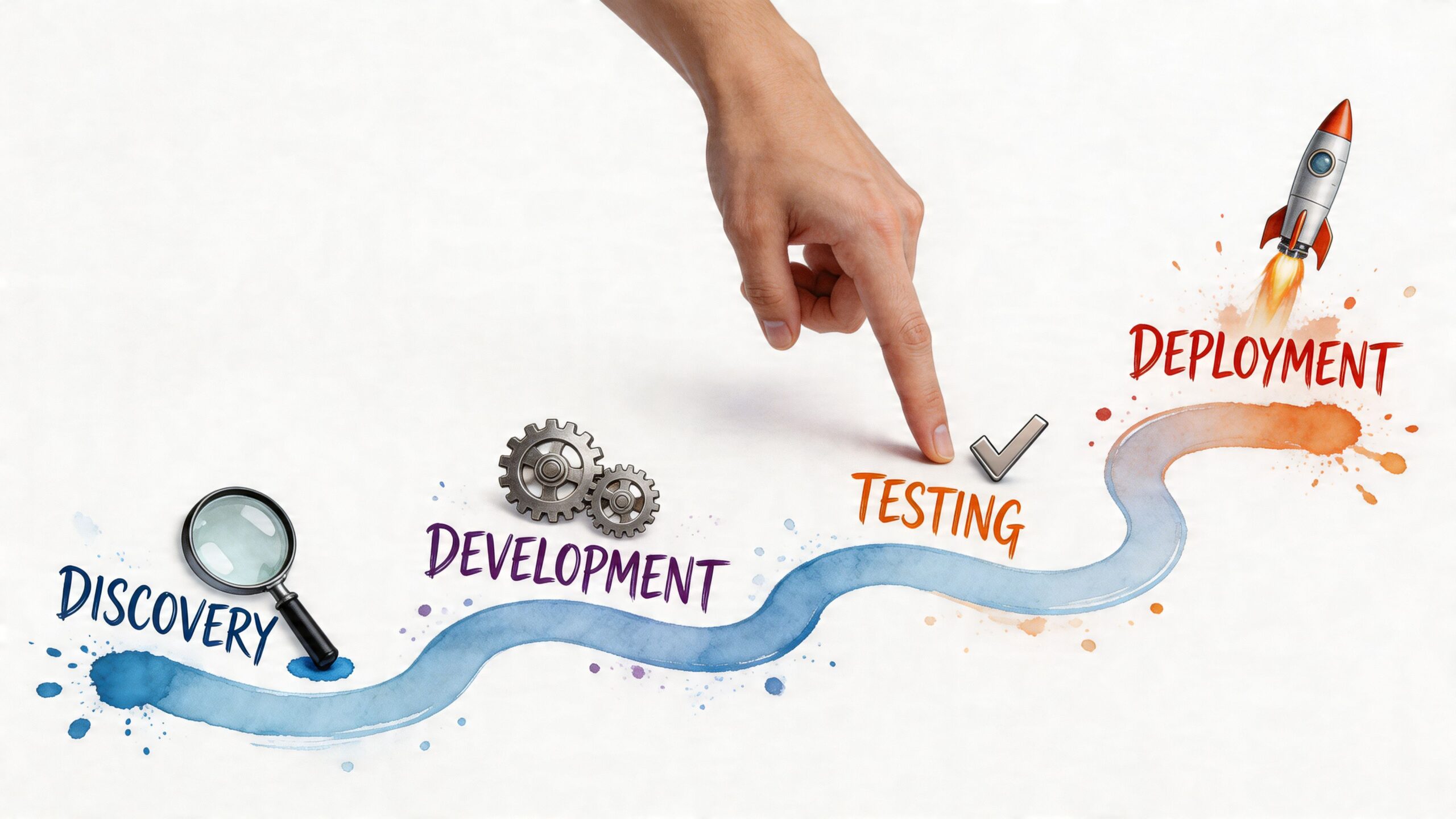 A hand pointing to a Testing stage of a business development process timeline with a rocket launch.