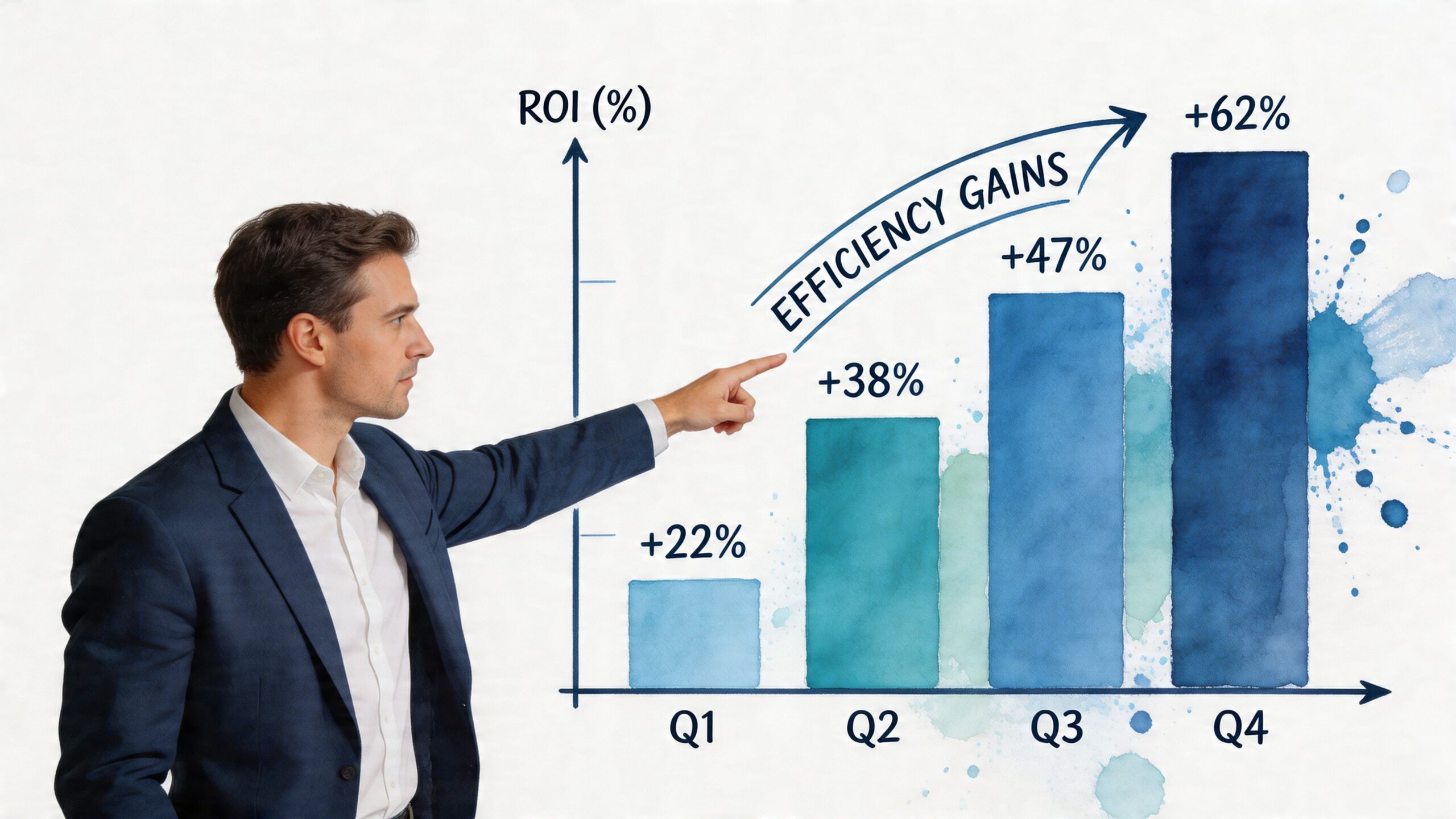 A professional man in a business suit points towards a bar chart showing quarterly ROI efficiency gains.