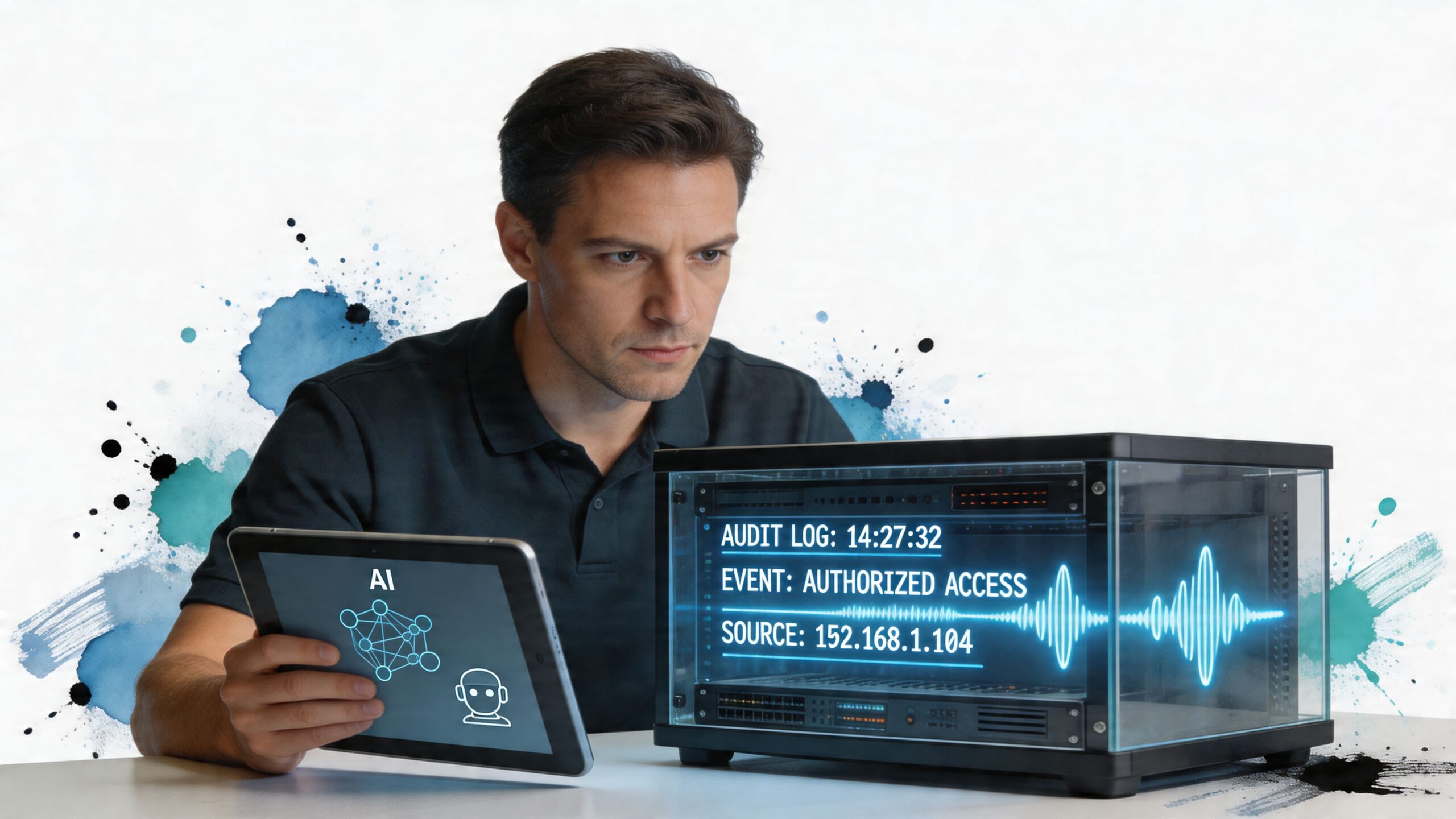 A professional analyzing AI-driven server data on a digital tablet with network audit information displayed.