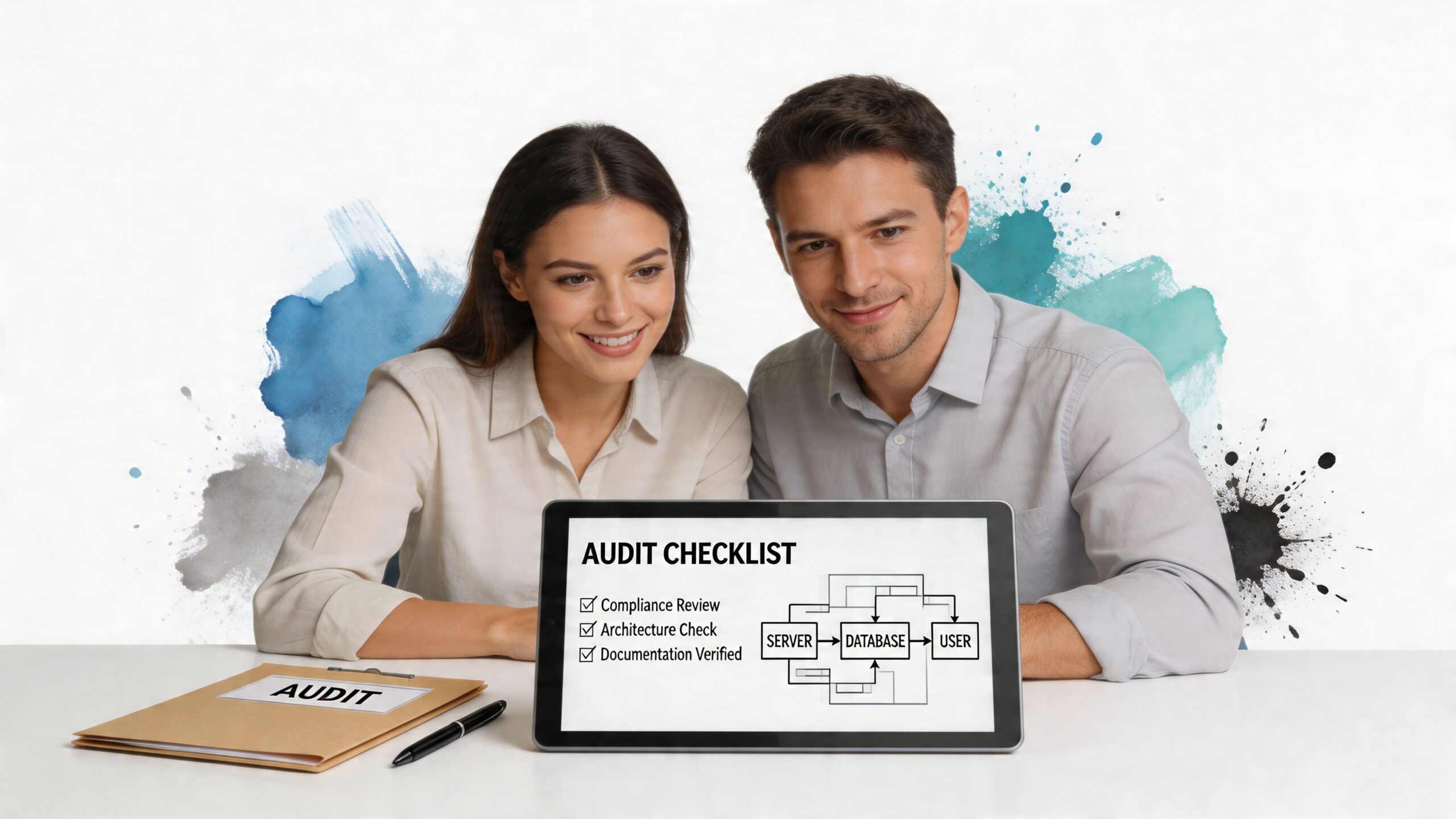 A professional man and woman reviewing an audit checklist and database architecture diagram on a digital tablet.