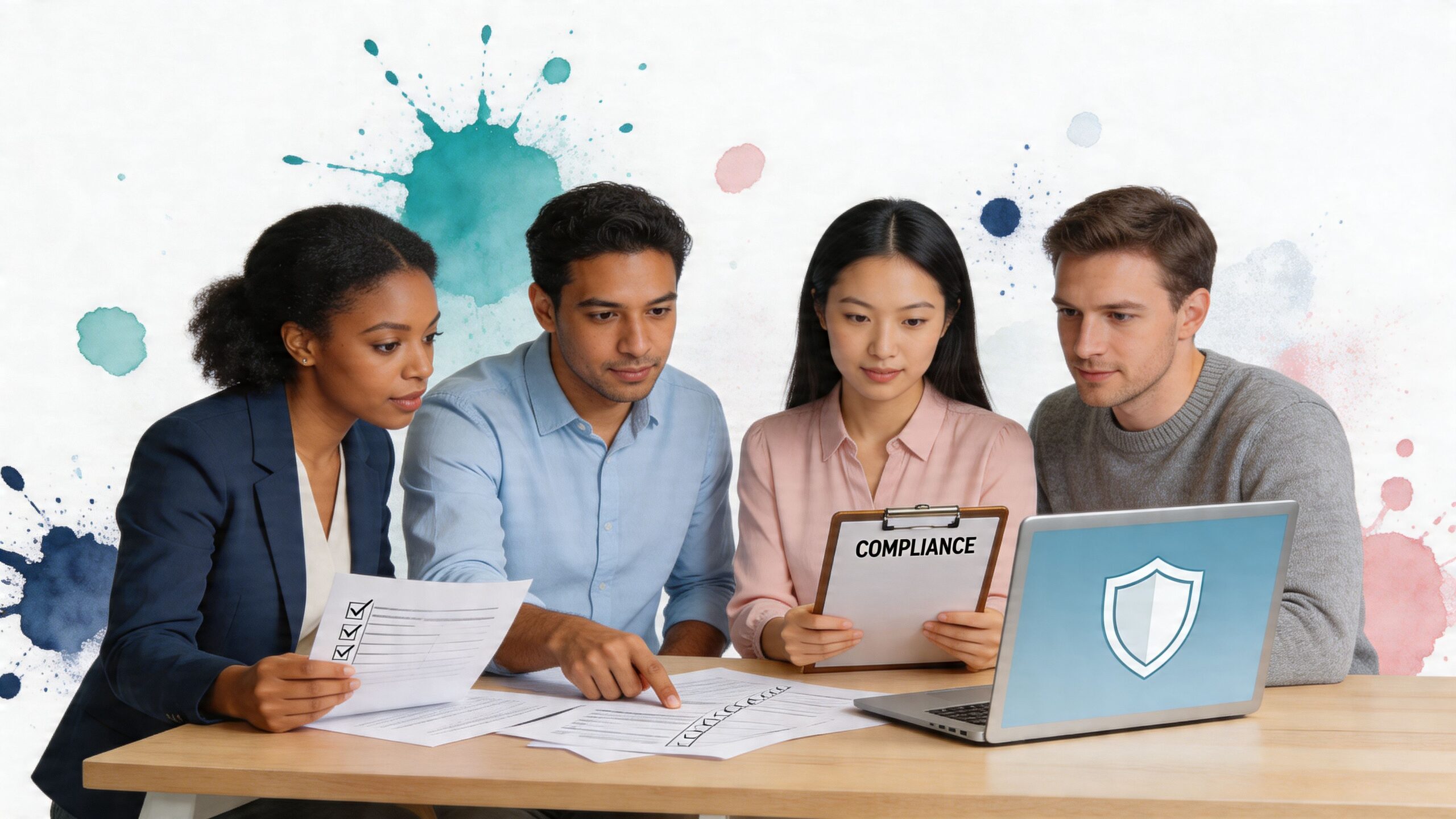 A diverse team of four professionals collaborating on compliance documentation and security software at a wooden desk.