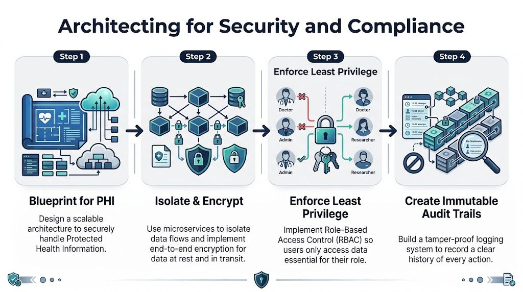 A diagram outlining a four-step process for architecting secure and compliant healthcare software systems.
