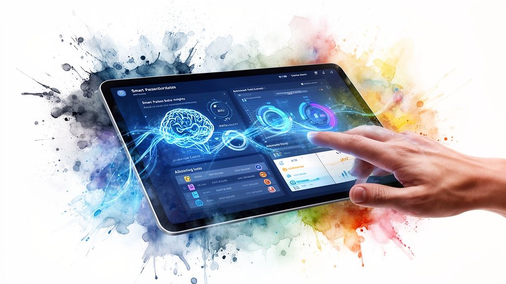 A human hand interacting with a digital tablet displaying medical brain data analytics and clinical workflow software.