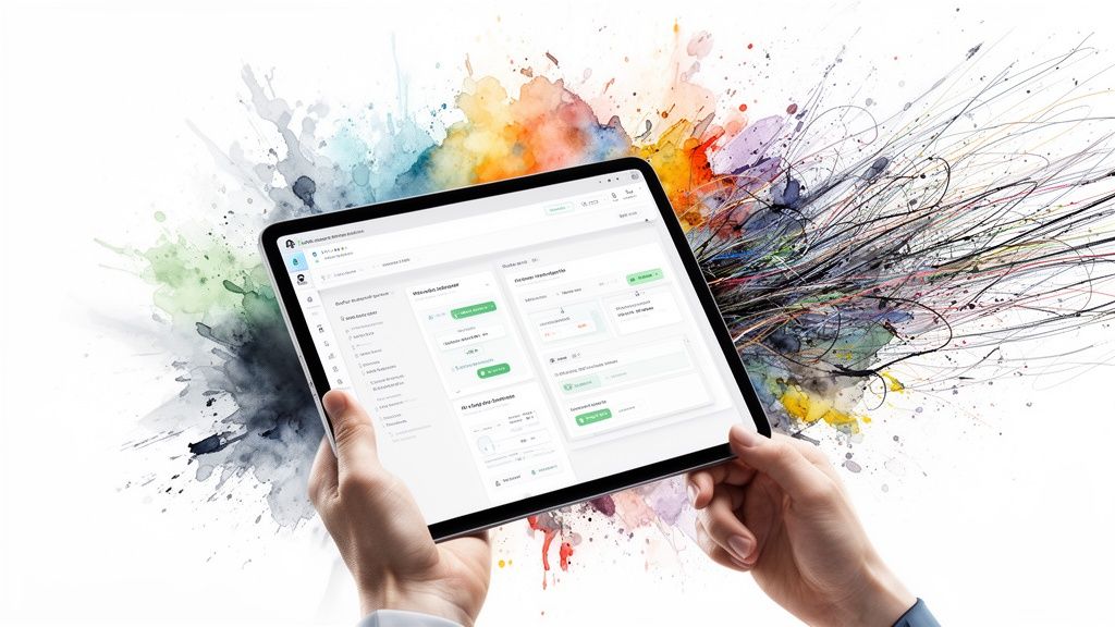 A person holding a tablet displaying clinical workflow software interfaces against an artistic, colorful watercolor background.