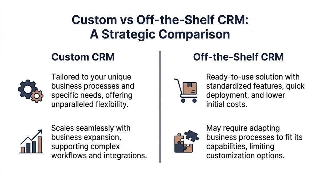 A comparison infographic between custom CRM and off-the-shelf CRM solutions for business management.