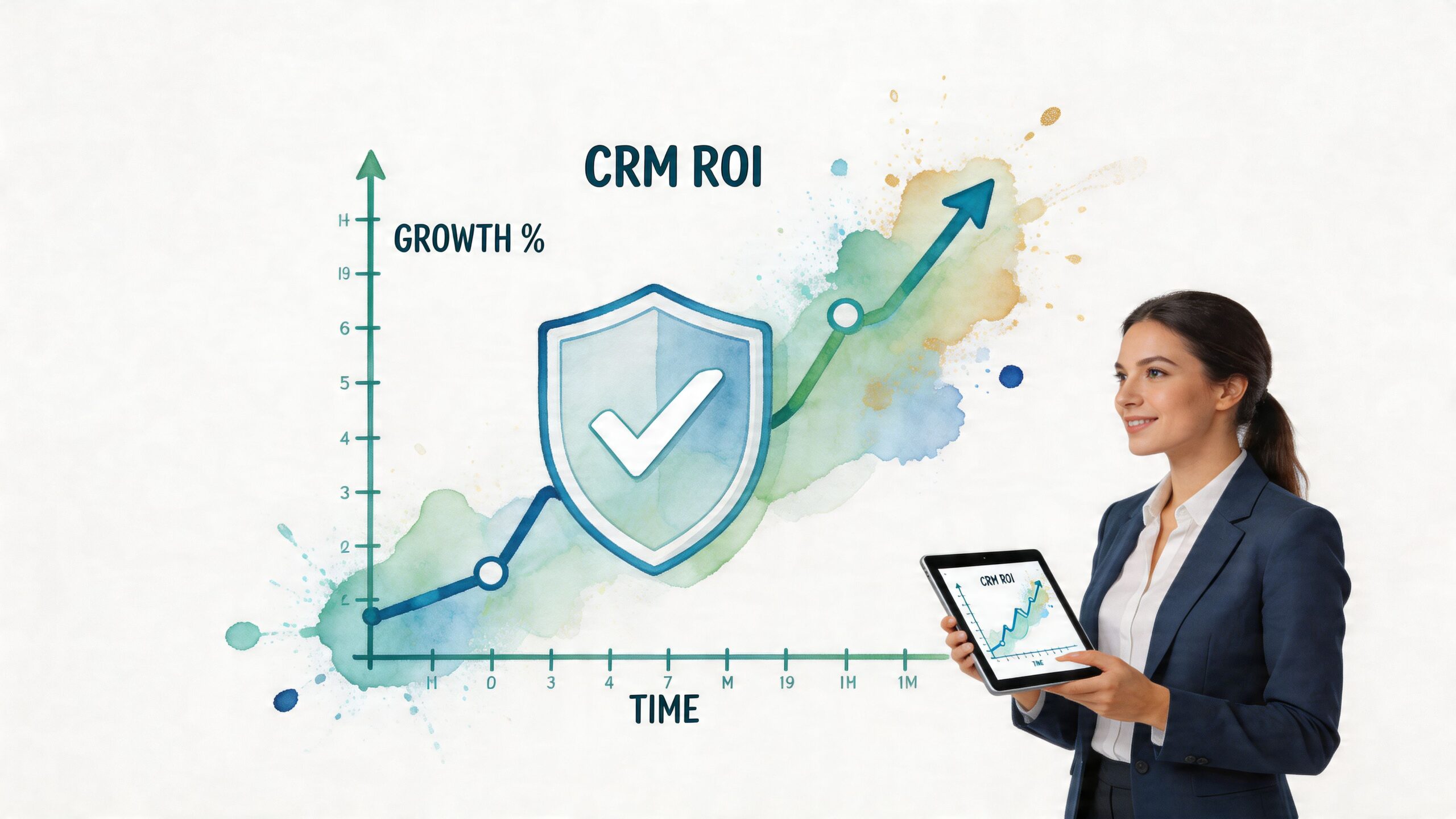A professional woman holding a tablet showing a chart while standing before a large CRM ROI graphic.