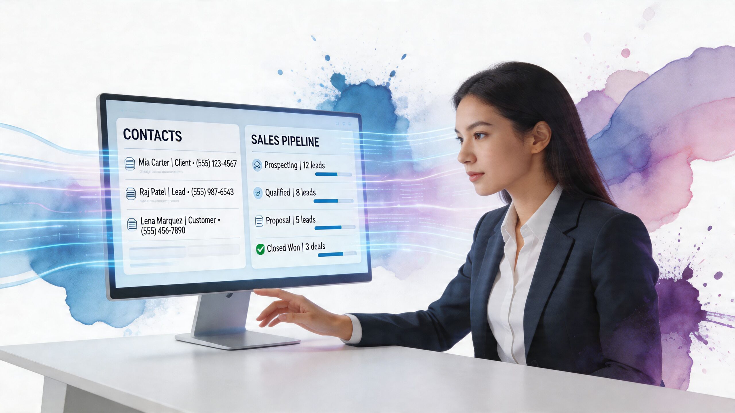 A businesswoman in a suit interacts with a digital display showing CRM sales pipeline and contact information.