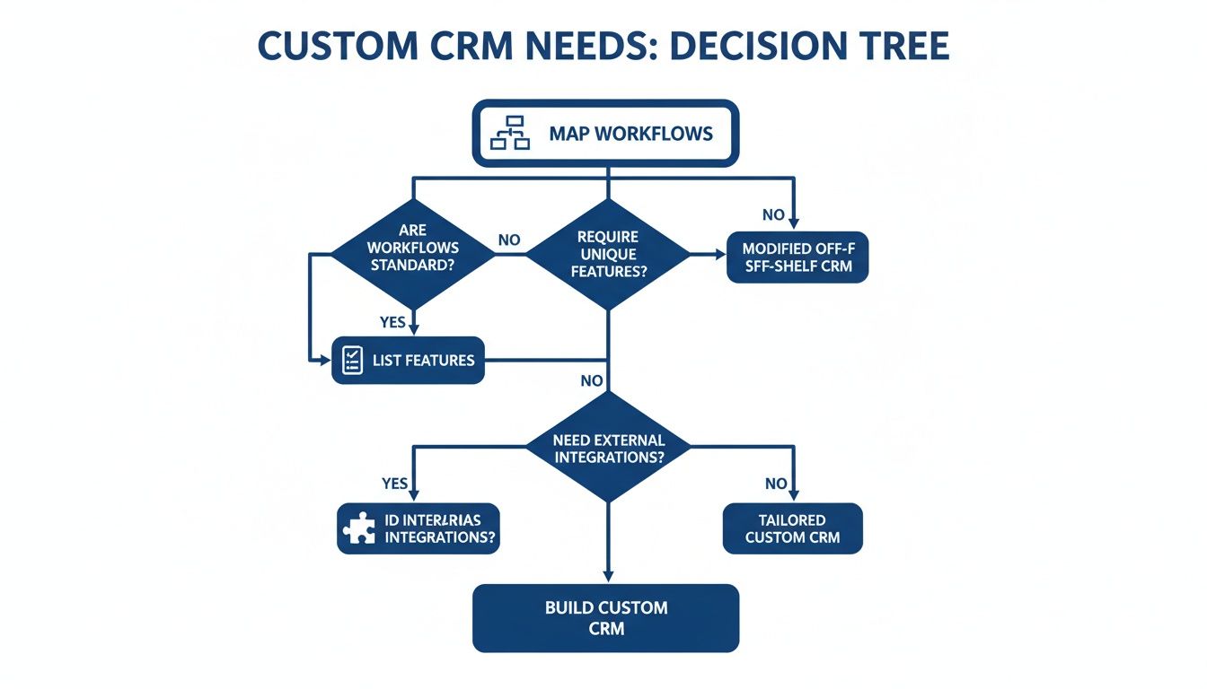 Decision tree flowchart illustrating steps to determine custom CRM needs based on workflows, features, and integrations.
